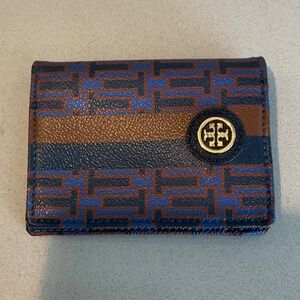 Tory Burch Navy and Brown Monogram Leather Card Case Wallet